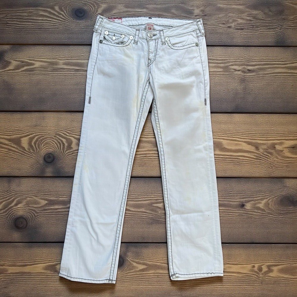 True Religion Mens White Black Contrast Big‎ T Stitch Straight Leg Jeans Size 32